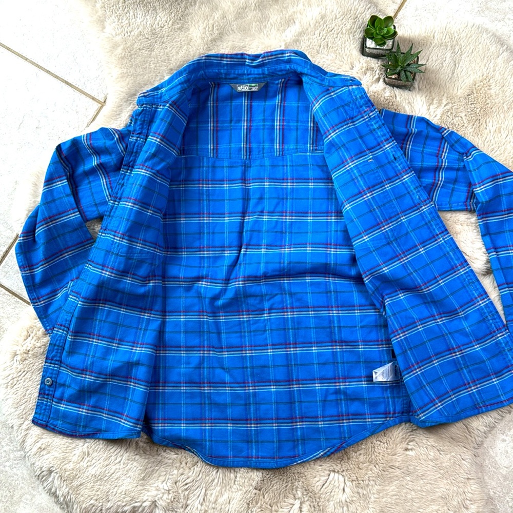 Stio Junction Midweight Flannel Shirt Plaid Small Organic Cotton Blue - Picture 4 of 12